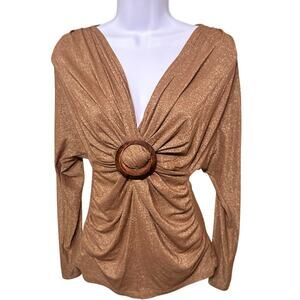 Shine New York, classy gold glitter blouse w/round wood ring on front womens med